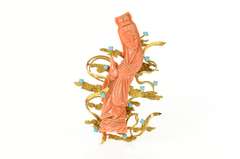 14K Yellow Gold Ornate Carved Chinese Coral Turquoise Lady Pin/Brooch