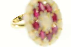 18K Yellow Gold Opal Ruby Diamond Halo Cocktail Statement Ring