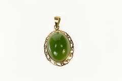 18K Yellow Gold Victorian Nephrite Oval Cabochon Ornate Pendant