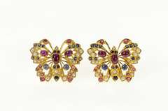 22K Yellow Gold Ruby Sapphire Encrusted Butterfly Screw Back Earrings