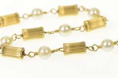 14K Yellow Gold Retro Pearl Grooved Pillar Link Chain Bracelet