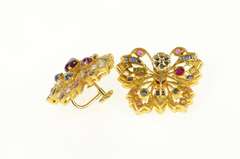 22K Yellow Gold Ruby Sapphire Encrusted Butterfly Screw Back Earrings