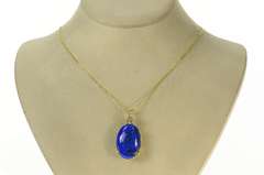 14K Yellow Gold Oval Lapis Lazuli Diamond Cluster Accent Pendant