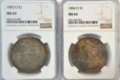 Deeply Toned 1883-O & 1884-O Morgan Silver Dollars. NGC MS63