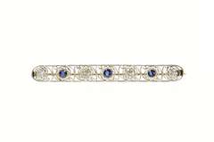 18K White Gold 1.52 Ctw Art Deco Sapphire Diamond Filigree Pin/Brooch