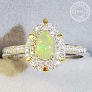 GENUINE AUSTRALIAN OPAL & CREATED WHITE SAPPHIRE 0.20 CT 925 STERLING SILVER ADJUSTABLE RING