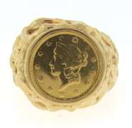 Wonderful Yellow Gold Nugget 1854 $1 Gold Coin Ring