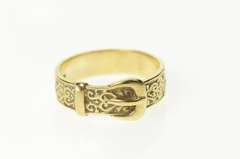 9K Yellow Gold Scroll Pattern Belt Buckle Ornate Band Ring
