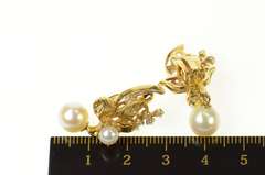 14K Yellow Gold 1950's Diamond Pearl Dangle Leaf Clip Back Earrings