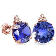 100% SOLID 10KR ROSE GOLD ROUND SHAPE CREATED TANZANITE AND 6 DIAMONDS EARRINGS STUD