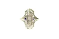 18K White Gold Art Deco Diamond Sapphire Filigree Engagement Ring