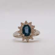 14kt Gold, Blue Sapphire, & Diamond Halo Ring