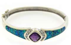 Sterling Silver Amethyst Cubic Zirconia and Opal Hinged Bangle