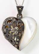 Mother of Pearl & Marcasite Heart Locket in Sterling Silver