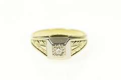 14K Yellow Gold Art Deco Squared Diamond Leaf Etched Wedding Ring