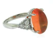 Romantic White Gold Platinum Cabochon Shaped Cut Fire Opal and Diamond Ring