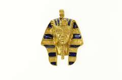18K Yellow Gold Ancient Egyptian Pharaoh Enamel Bust Pendant
