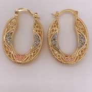 Fancy Italian 18kt Gold Plated Filigree Tricolor Hoop Earrings