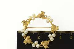 14K Yellow Gold Retro Classic Pearl Cluster Leaf Round Pin/Brooch