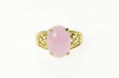 14K Yellow Gold Oval Rose Quartz Cabochon Heart Filigree Ring