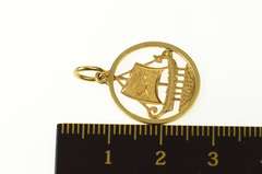 18K Yellow Gold Ornate Etched Viking Row Ship Boat Round Charm/Pendant