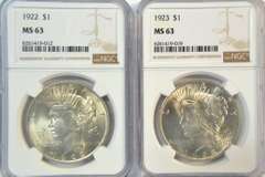 Choice BU 1922 & 1923 Peace Silver Dollars. NGC MS63