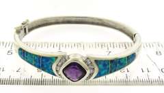 Sterling Silver Amethyst Cubic Zirconia and Opal Hinged Bangle