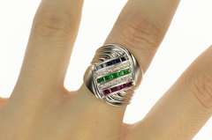 14K White Gold Diamond Emerald Ruby Sapphire Wavy Ring