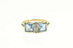14K Yellow Gold 1940's Blue Topaz Diamond Squared Statement Ring