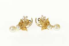 14K Yellow Gold 1950's Diamond Pearl Dangle Leaf Clip Back Earrings