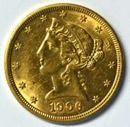 Lustrous BU 1906 US $5 Liberty Gold Piece. Very flashy