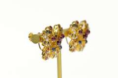 22K Yellow Gold Ruby Sapphire Encrusted Butterfly Screw Back Earrings