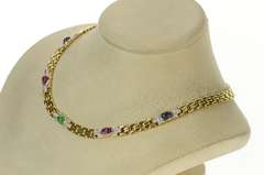 14K Yellow Gold Emerald Ruby Sapphire Diamond Square Chain Necklace