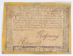 1776 Colonial Maryland - Annapolis 8 Dollars Note