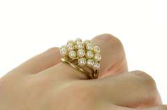 14K Yellow Gold Retro Domed Pearl Cluster Statement Band Ring