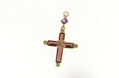 14K Yellow Gold Ornate Sim. Garnet Diamond Seed Pearl Cross Pendant