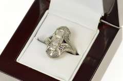 18K White Gold Art Deco Diamond Sapphire Filigree Engagement Ring