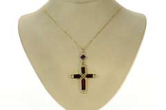 14K Yellow Gold Ornate Sim. Garnet Diamond Seed Pearl Cross Pendant