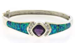 Sterling Silver Amethyst Cubic Zirconia and Opal Hinged Bangle