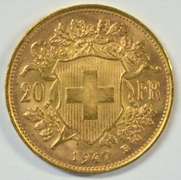 Superb Gem BU 1947-B Swiss 20 Francs Gold Piece.