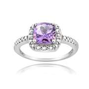 Sterling Silver Amethyst & Diamond Accent Square Ring