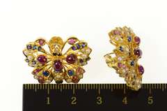 22K Yellow Gold Ruby Sapphire Encrusted Butterfly Screw Back Earrings