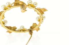 14K Yellow Gold Retro Classic Pearl Cluster Leaf Round Pin/Brooch