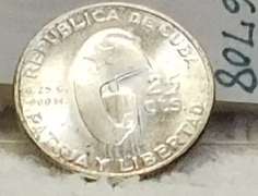 Cuba: Silver 1953  25 cts, Marti Commem near Unc