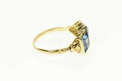 14K Yellow Gold 1940's Blue Topaz Diamond Squared Statement Ring