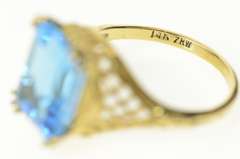 14K Yellow Gold Emerald Cut Blue Topaz Filigree Cocktail Ring