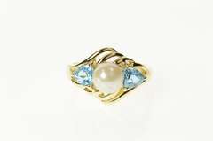 14K Yellow Gold Pearl Blue Topaz Accent Statement Wavy Ring