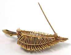 Intricate Leaf Brooch Pin with Diamonds, 14KT Yellow Gold