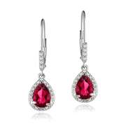 Sterling Silver 3.1ct Created Ruby & Diamond Accent Teardrop Leverback Earrings