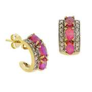 18K Gold over Sterling Silver Diamond Accent & Created Pink Opal Half Hoop Earrings